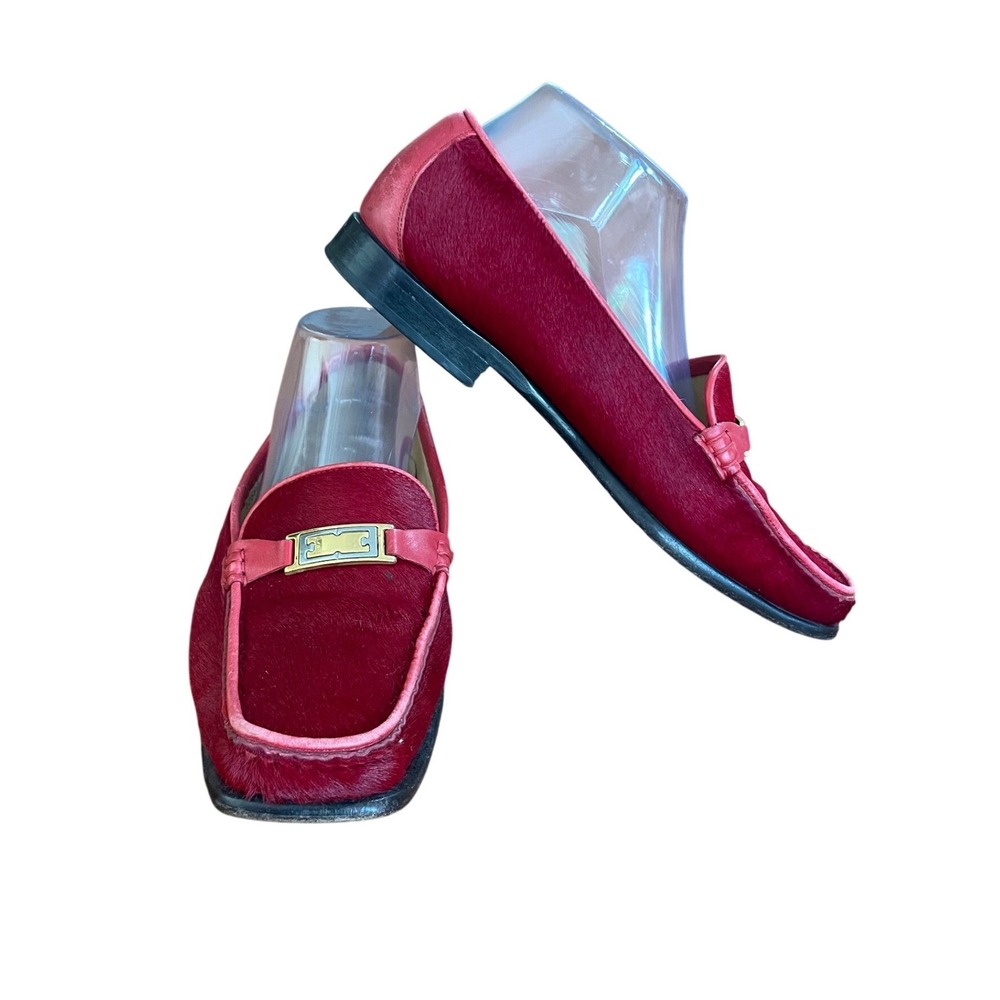 Escada Red Calf Hair Leather Loafers Gold Buckle Square Toe Made in Italy 40
